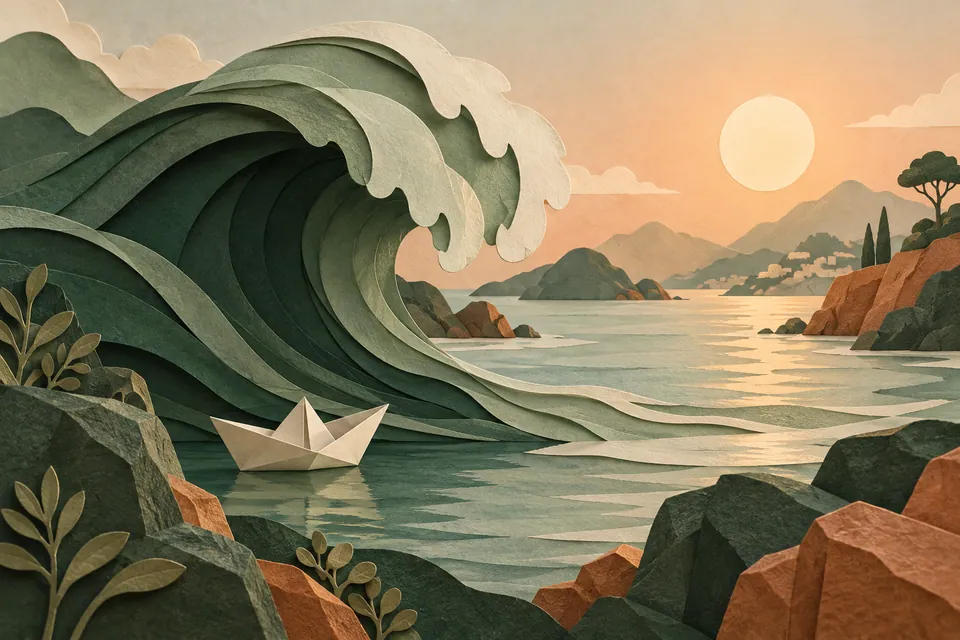 A small ivory boat rests beside a layered sage-green paper wave with a calm open channel beyond it.
