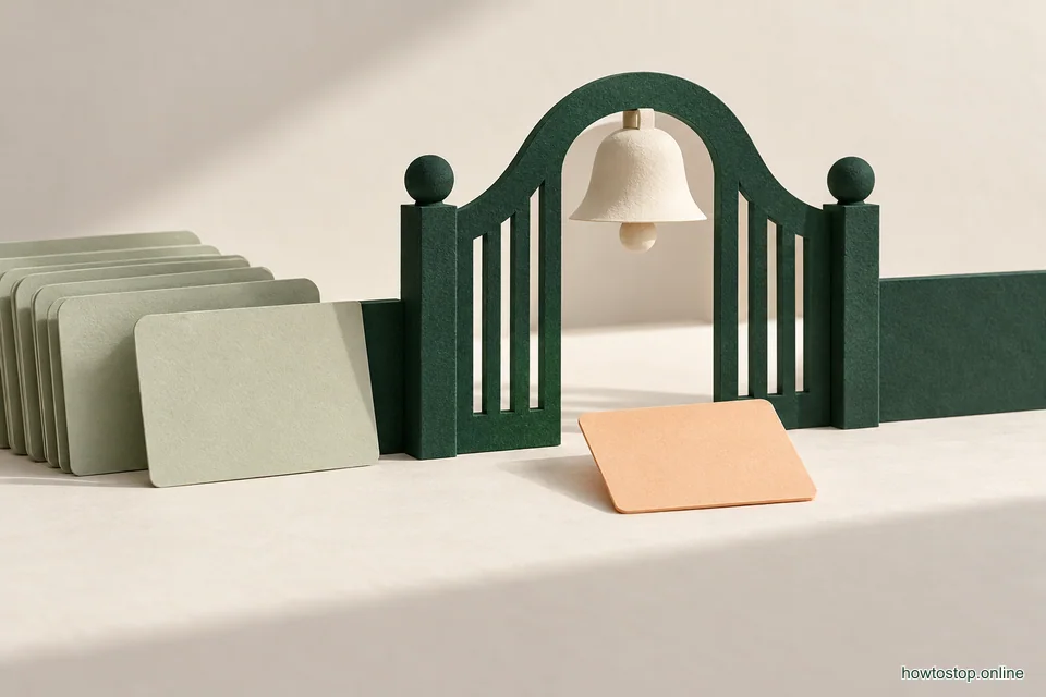 A small paper bell rests behind a green gate while one useful message card remains on an ivory desk.