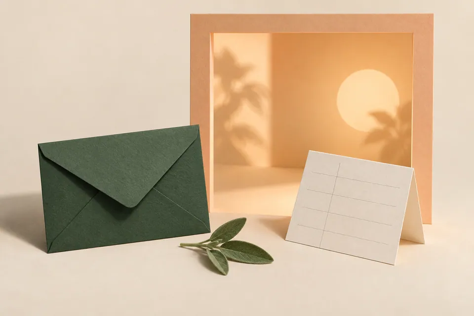 A closed green paper envelope rests beside a blank schedule card outside a warm apricot frame.